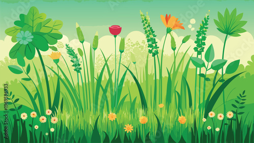 Colorful flowers and green plants grow in a garden under a bright blue sky during daytime in summer