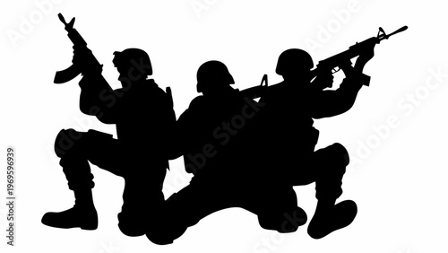 Silhouette of three soldiers in tactical gear kneeling and aiming rifles in a dramatic war zone setting with a stark black and white contrast conveying conflict and military