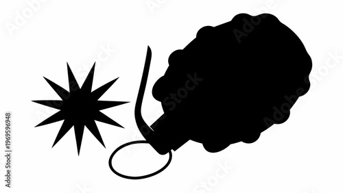 Dynamic silhouette of a hand grenade mid explosion with a bright starburst effect symbolizing conflict danger and military action isolated on a clean white background