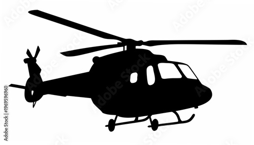Modern military helicopter silhouette with detailed rotor blades and tail rotor isolated on a clean white background representing aviation and transport technology