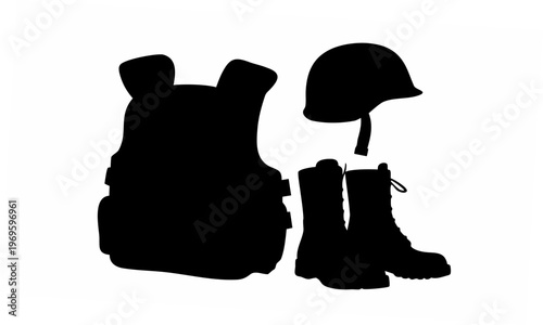 Black silhouettes of tactical military gear including a bulletproof vest combat boots and a protective helmet isolated on a clean white background representing security