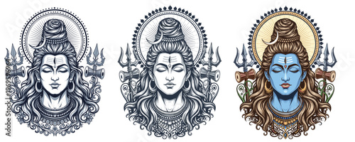 Vector illustrations of Hindu Lord Shiva in deep meditation. Detailed line art, monochrome, and full-color versions
