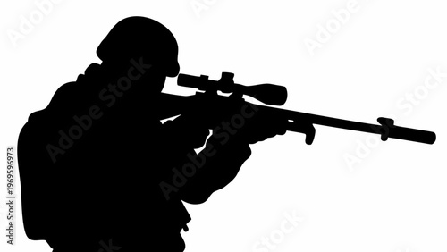 Silhouette of a soldier in helmet aiming sniper rifle with scope focused on target isolated on white background representing military vigilance and precision operations