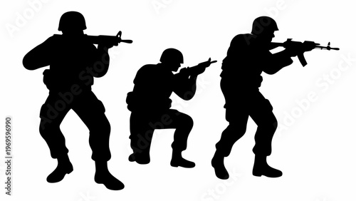 Three elite special forces soldiers in tactical gear and helmets silhouetted against a white background advancing cautiously with rifles aimed forward in a coordinated military