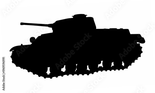 Monochromatic side view silhouette of a historical military tank showcasing its distinct tracks turret and barrel against a clean white background representing armored warfare