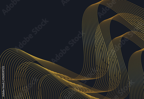 ダークネイビー背景に輝くゴールドラインが滑らかに交差し流れる高級感あふれる抽象ウェーブパターン