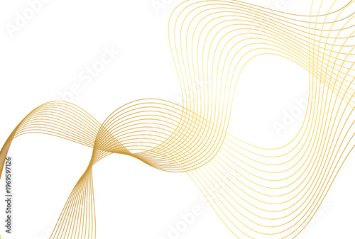 白背景に広がる繊細なゴールドラインが重なり合いリズミカルな波動を描くエレガントな抽象ラインアート