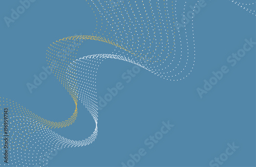 ブルー背景に浮かぶホワイトとゴールドの粒子が流動する有機的ウェーブが印象的なデジタルネットワーク抽象ビジュアル