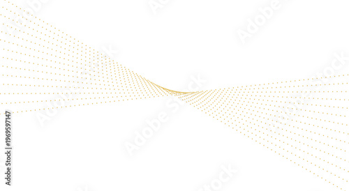 ミニマルな白背景に広がるゴールドドットの波形グラデーションが奥行きと流動感を演出する抽象テクノロジー背景
