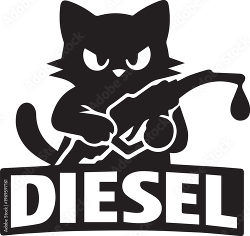 A black silhouette graphic featuring an angry cat holding a fuel pump nozzle over diesel text Vector, illustration