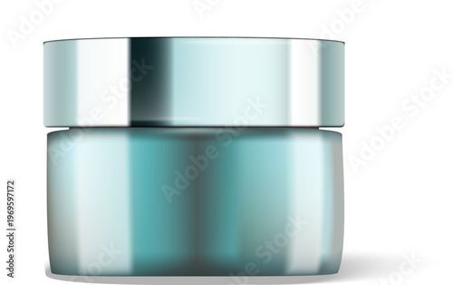 高級感あふれるガラス質感のスキンケアクリーム容器とメタリックキャップのミニマル3Dレンダリング、化粧品広告や美容ブランドに最適なクリーン背景素材
