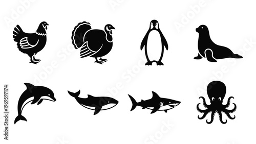 A collection of various black animal silhouettes including birds marine mammals and sea creatures silhouette high quality professional detailed modern elegant