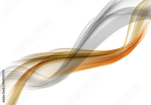 オレンジとグレーの透明な流線が重なり合い優雅に波打つ抽象的な曲線デザイン背景