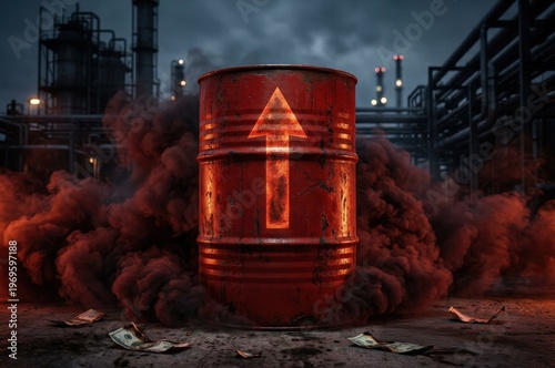 Rusty Industrial Barrel With Glowing Up Arrow Surrounded by Red Smoke in Abandoned Factory
