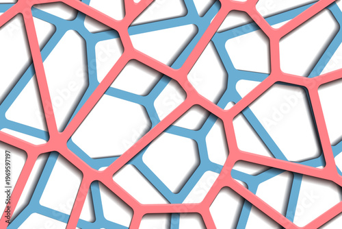 ピンクとブルーの有機的ネットワークが重なり合う影付き立体抽象パターン背景デザイン