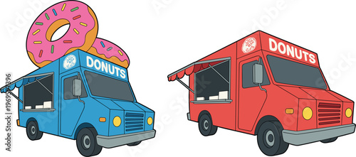 Donut food trucks set, street dessert vans with signage vector illustration colorful mobile shop collection