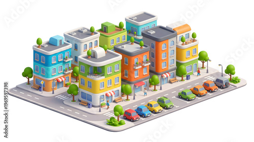 Wallpaper Mural Vibrant Isometric Cartoon City Block with Colorful Buildings, Streets, and Parked Cars on White Background Torontodigital.ca