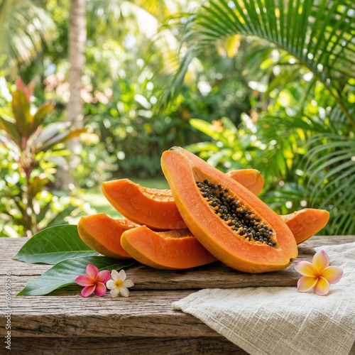 Ripe Papaya Slices on Rustic Wood With Tropical Leaves and Plumeria Flowers in Garden