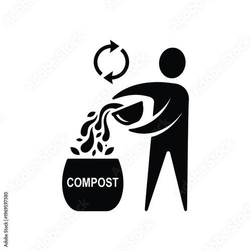 A flat black icon depicting a person composting organic waste with a recycling symbol above.