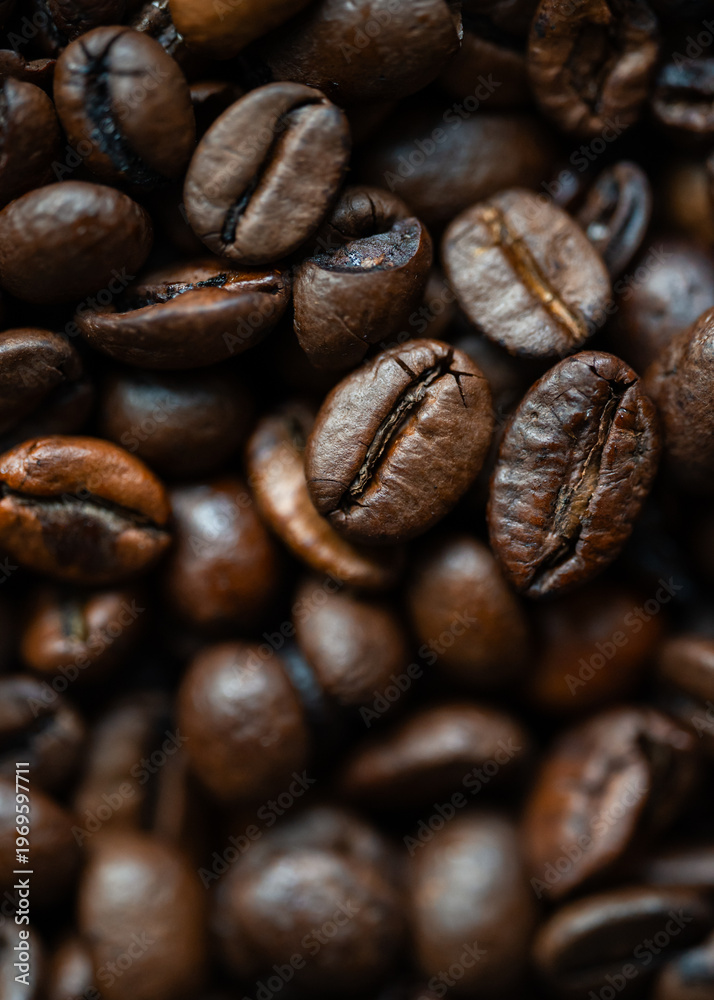 Fototapeta premium Close up of frame filled with roasted coffee beans in shades of brown.