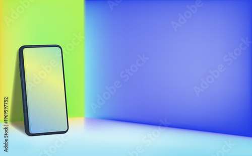 ネオンカラーのグラデーション空間に置かれたスマートフォンモックアップ、未来的でミニマルなデジタルデバイス表現の背景素材