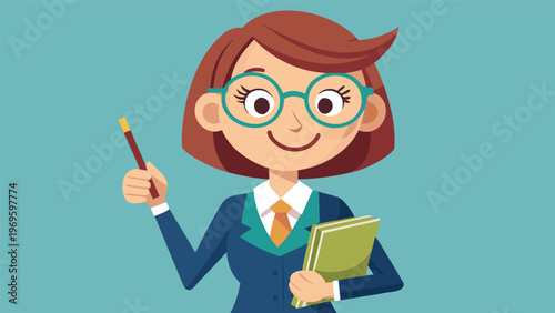 Teacher stands with a pencil and notepad in a classroom setting focused on educating students in a bright and simple design