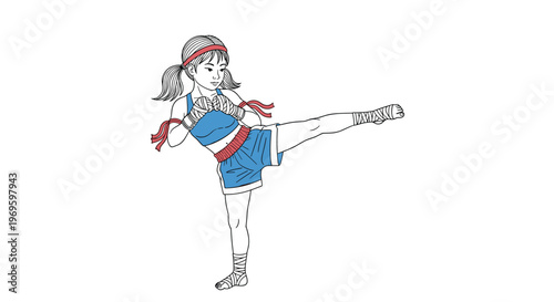 Cartoon drawing of a young girl in Muay Thai boxing attire performing a high kick with traditional wraps on her hands.