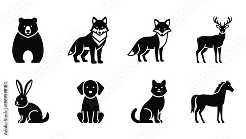 A collection of various animal icons shown in a flat black style including a bear wolf and deer silhouette high quality