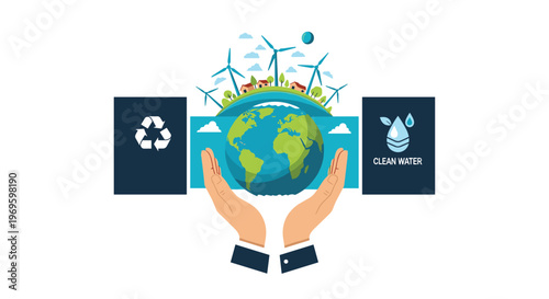 Conceptual illustration of human hands holding the earth surrounded by symbols of clean water recycling and wind energy.
