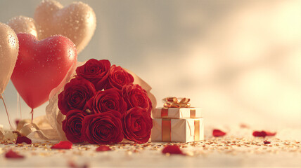 Romantic Valentine's Day background with red roses, dew drops, heart balloons, and gift boxes. Golden hour light, cinematic. Red and champagne gold. 45-degree with copy space. For 520 love theme.