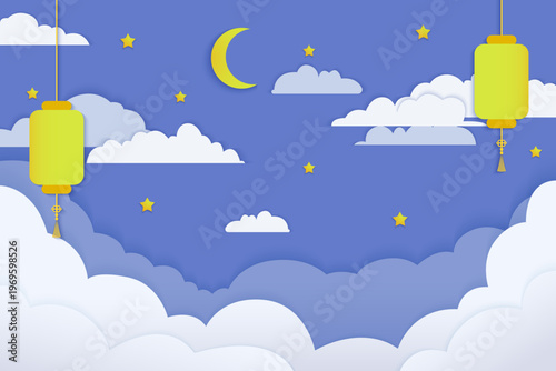 Good night and sweet dreams background. Night sky with paper clouds, crescent moon, and stars. Vector illustration of paper clouds and stars for kids design, cards, and advertising.