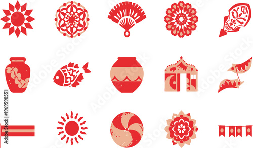 Colorful vector illustration set with traditional patterns  for decorating dresses for Pohela Boishakh, Bengali New year festival