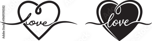 Hand drawn black love hearts with curved arrow and floral swirl decoration