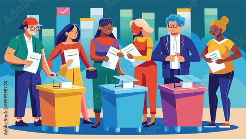 People participating in a voting activity at a community event in a city during the day