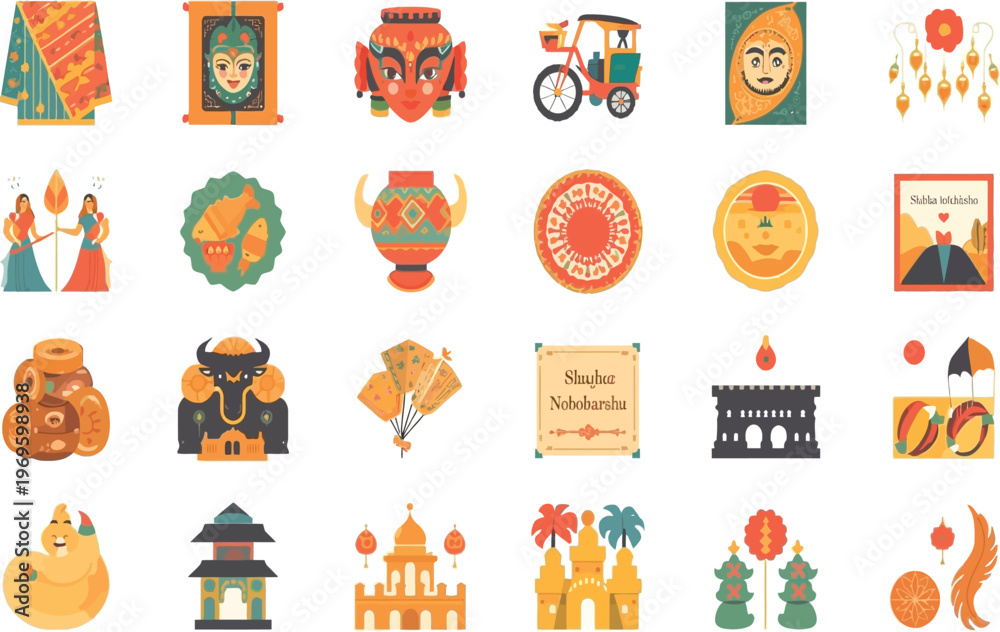 Fototapeta premium Colorful vector illustration set with traditional patterns and fun seamless vector design for decorating, Pohela Boishakh, Bengali New year festival