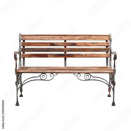 A weathered wooden bench with metal frame