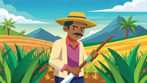 Farmer working in field with crops and mountains in background during daytime hours