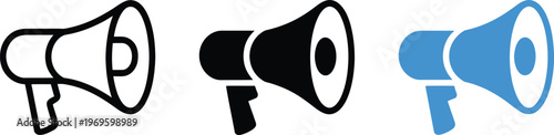 Photos Megaphone icon set, vector illustration of three loudspeaker icons in white black and blue for announcements communication and marketing promotion design