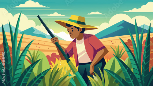 Farmer works in field with crops under blue sky and mountains during day