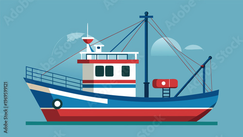 Fishing boat on the water with a blue background and clouds in the sky during daytime