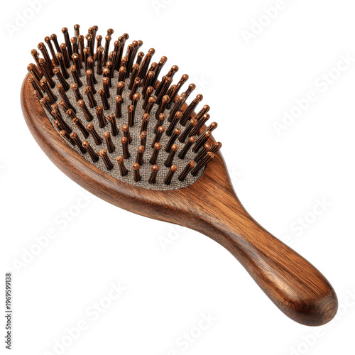 A wooden hairbrush with brown bristles on a black background