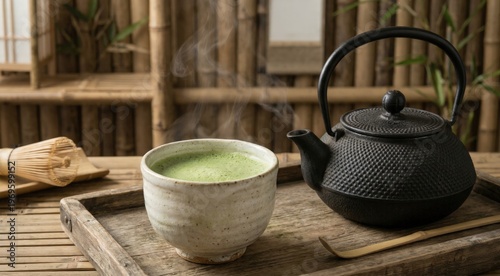 Japanese Matcha Tea Ceremony With Cast Iron Teapot And Ceramic Chawan In Traditional Tea Room