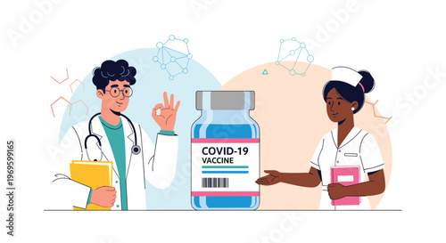 Male doctor and female nurse standing next to a large vial of Covid-19 vaccine to promote public health and safety.