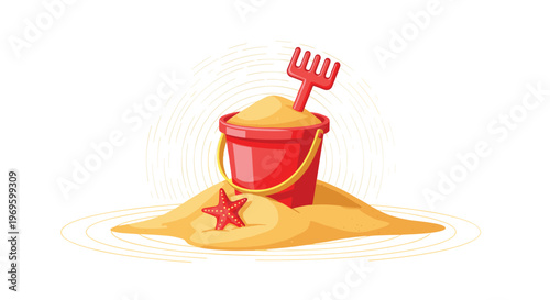 Red plastic beach bucket filled with sand and a matching rake next to a red starfish on a sandy mound for summer fun.