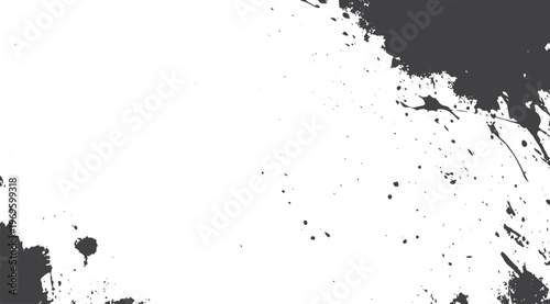 Black ink splatter texture on a white background with irregular paint drops and grunge edges