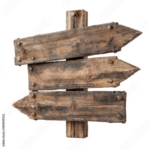 A rustic wooden signpost with three directional arrows