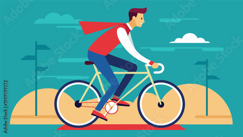 Man riding bicycle with a cape in a colorful landscape during daytime, showcasing energy and movement