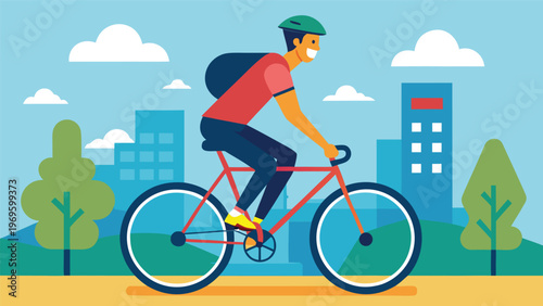 Man rides bicycle in city with buildings and trees during daytime in a bright and colorful setting