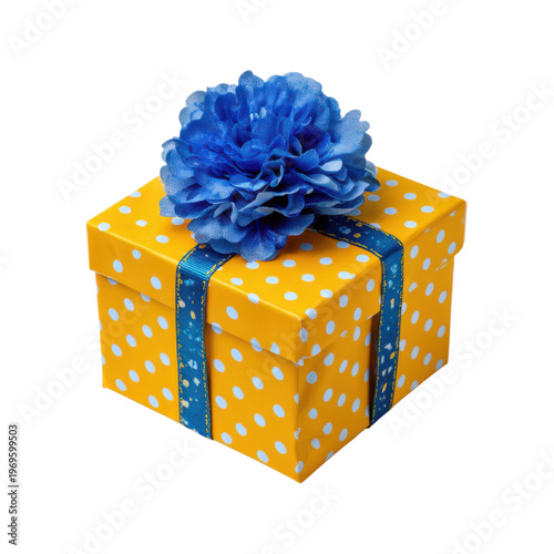 A beautifully wrapped gift box with a blue flower on top