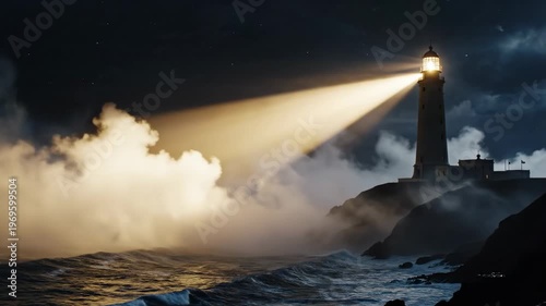 Lighthouse beam illuminates dark ocean waves and rocky coastline, with mist and clouds creating a dramatic atmosphere at night